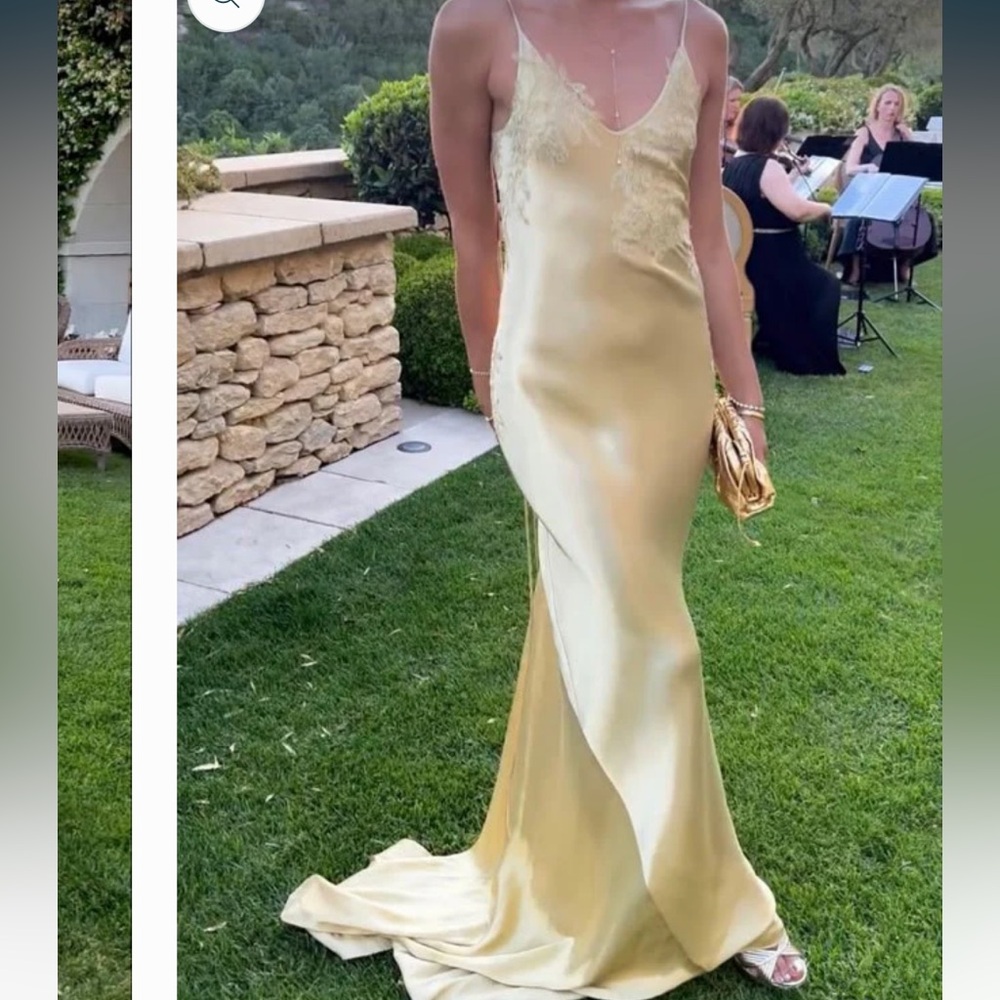 Lace yellow backless prom dress